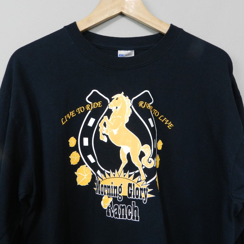 Vintage Graphic Tee Size L Gildan Black Gold Morning Glory Ranch Western‎ Horses
